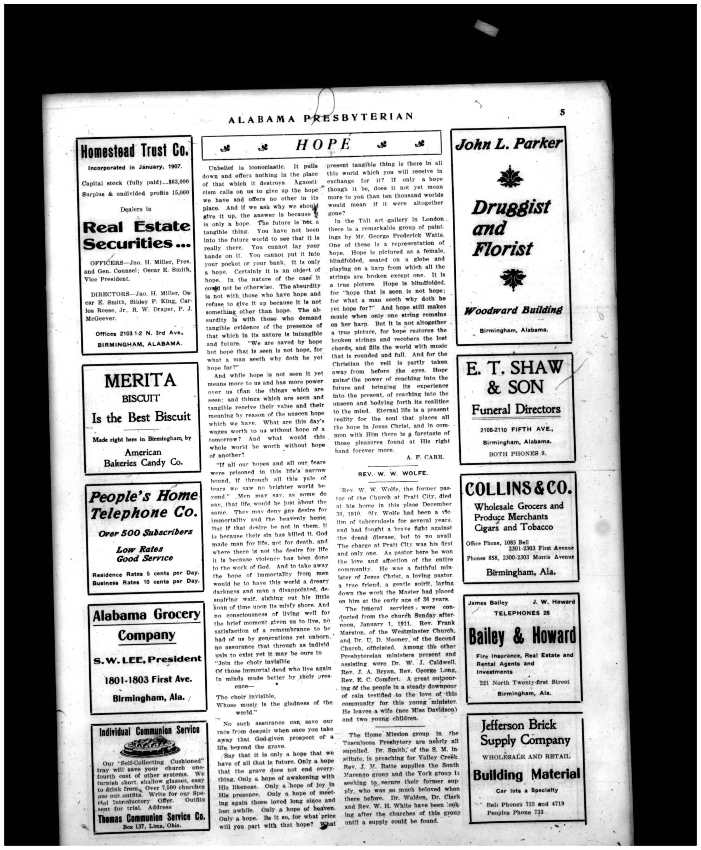 Rev. W.W. Wolfe Pratt City Pastor